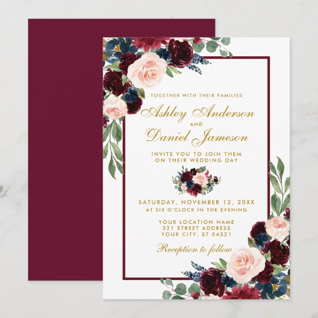 Convites Casamento Floral Azul Da Watercolor Burgundy (Frente/Verso)