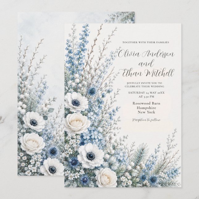Convites Casamento Floral Azul de Inverno (Frente/Verso)