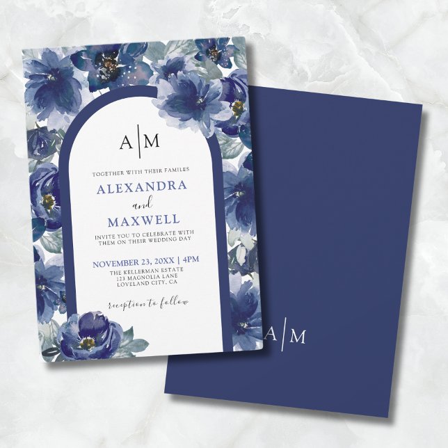 Convites Casamento Floral Azul de Marinho de Aquarela Moder (Elegant Modern Watercolor Navy Blue Floral Wedding Invitation)