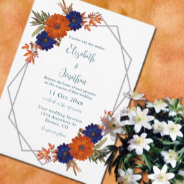 Convites Casamento Floral Azul de Marinho Laranja de Outono