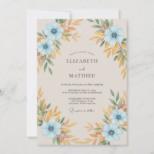 Convites Casamento Floral Azul de Outono Florescente