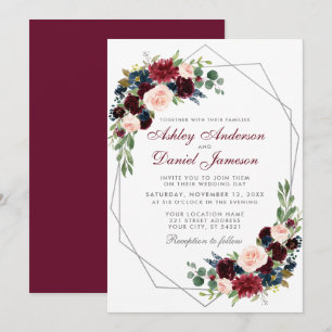 Convites Casamento Floral Azul de Silver Burgundy Geométri
