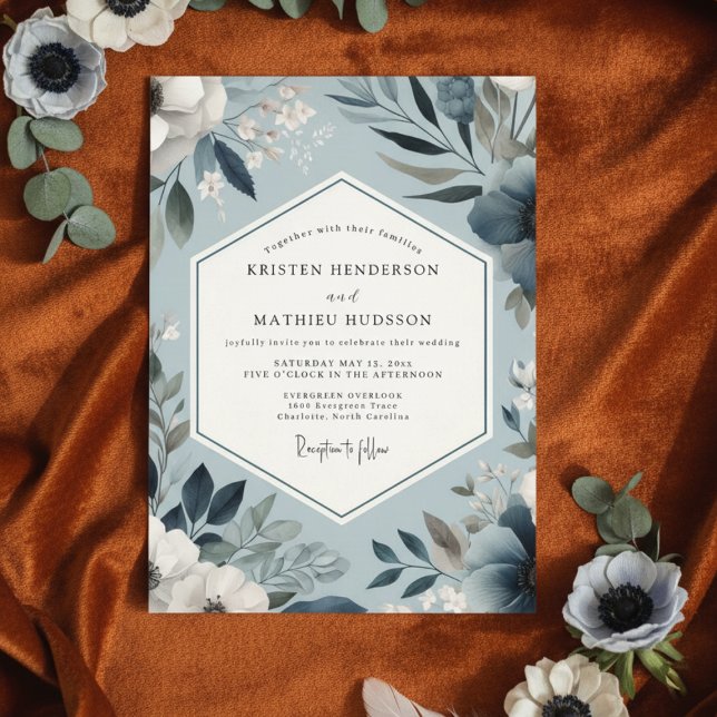 Convites Casamento Floral Azul Desbotado na Floresta (Criador carregado)