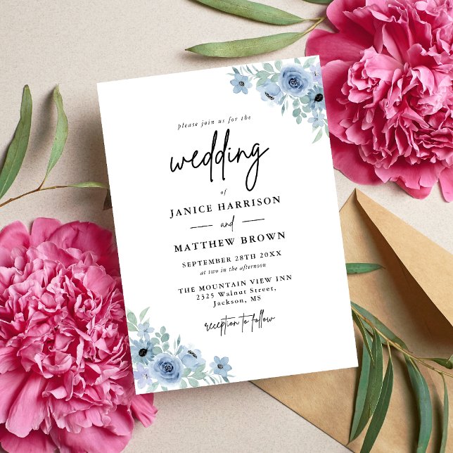 Convites Casamento Floral Azul Desbotado Vintage (Vintage dusty blue floral wedding invitation sets a romantic tone for your special day)