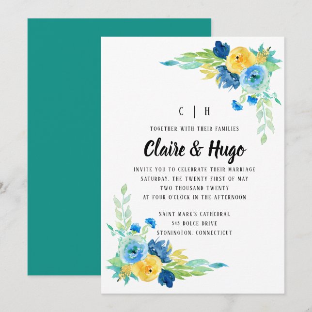 Convites Casamento Floral Azul do Mar de Água (Frente/Verso)