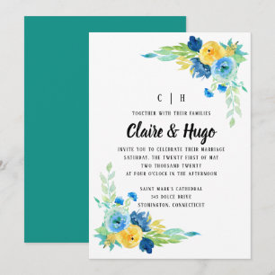 Convites Casamento Floral Azul do Mar de Água
