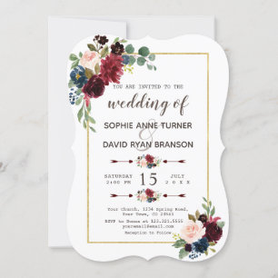 Convites Casamento Floral Azul do Marinho de Merlot Dourado