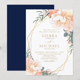 Convites Casamento Floral Azul do Marinho de Pêssego Dourad
