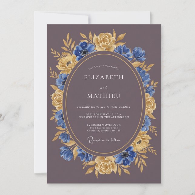 Convites Casamento Floral Azul Dourado (Frente)