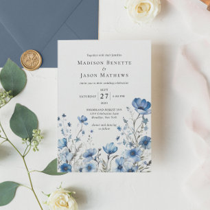 Convites Casamento Floral Azul-Dusty Boêmian Elegante Moder