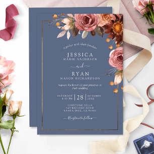 Convites Casamento Floral Azul-Dusty, Borgonha