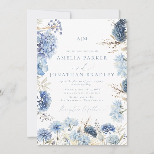 Convites Casamento Floral Azul Dusty com Código QR Moderno  (Frente)