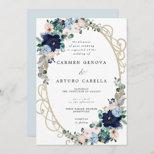 Convites Casamento Floral Azul-Dusty-Cor-de-Rosa-Esmagada E