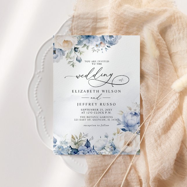Convites Casamento Floral Azul-Dusty Geométrico Elegante (Elegant Modern Geometric Dusty Blue Floral Wedding Invitation)