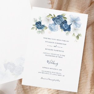 Convites Casamento Floral Azul Dusty, Script Elegante
