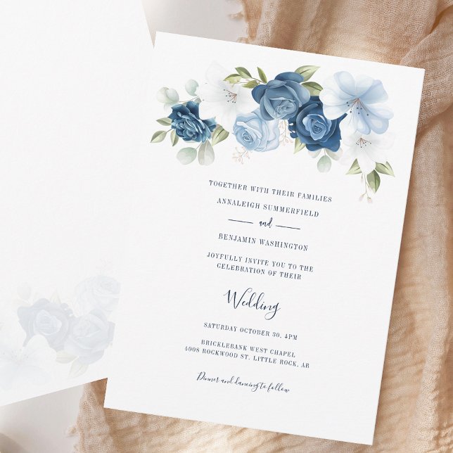 Convites Casamento Floral Azul Dusty, Script Elegante (Elegant Script Dusty Blue Floral Wedding Invitation)