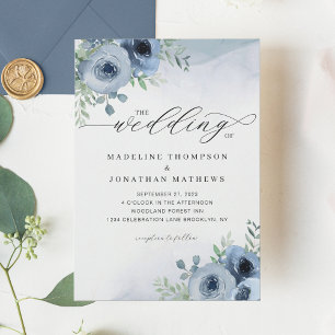 Convites Casamento Floral Azul Dusty, Script Whimsical