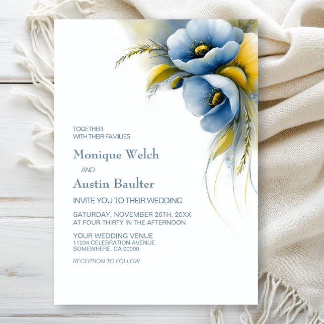 Convites Casamento Floral Azul e Amarelo (Criador carregado)