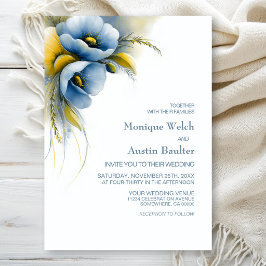 Convites Casamento Floral Azul e Amarelo Elegante