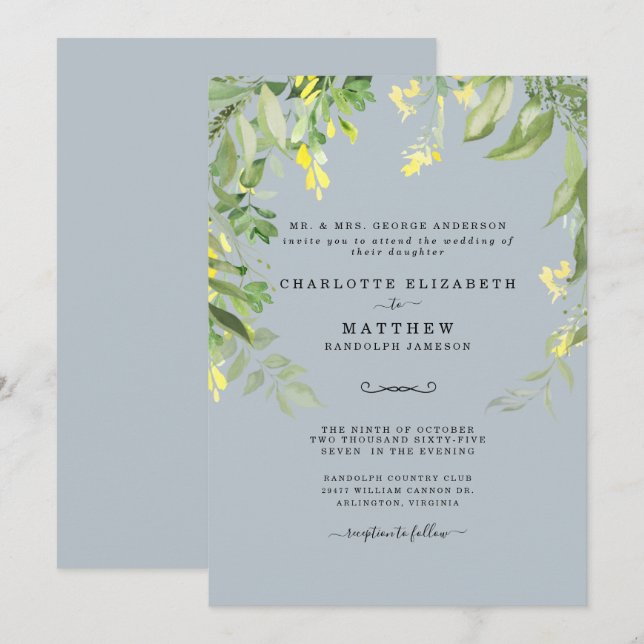 Convites Casamento Floral Azul e Amarelo Moderno Invita (Frente/Verso)