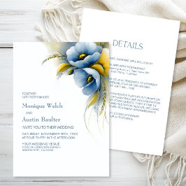Convites Casamento Floral Azul e Amarelo Tudo em Um