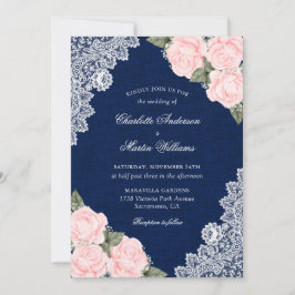 Convites Casamento Floral Azul e Blush Burlap, Marinho Eleg