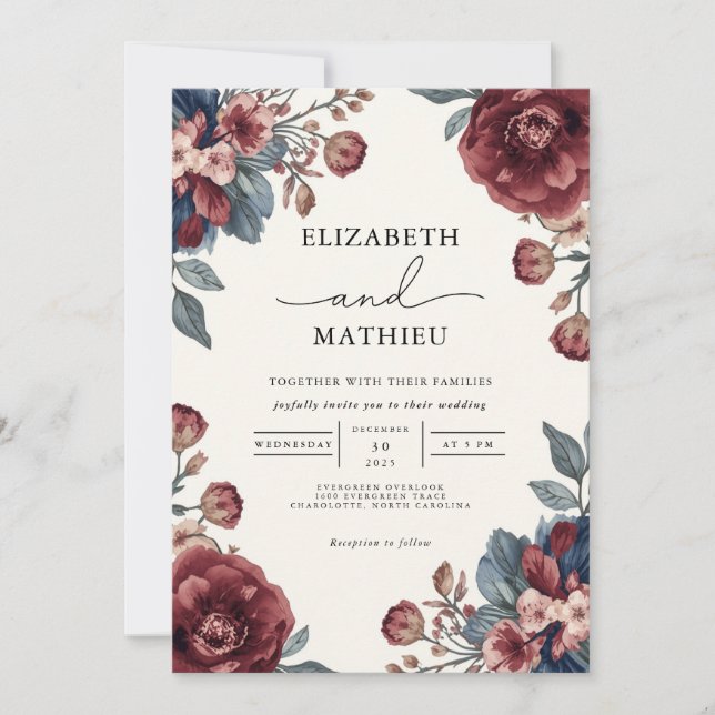 Convites Casamento Floral Azul e Borgonha Elegante (Frente)
