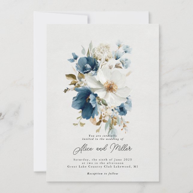 Convites Casamento Floral Azul e Branco (Frente)
