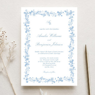 Convites Casamento Floral Azul e Branco Elegante