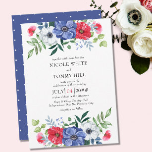 Convites Casamento Floral Azul e Branco em 4 de julho
