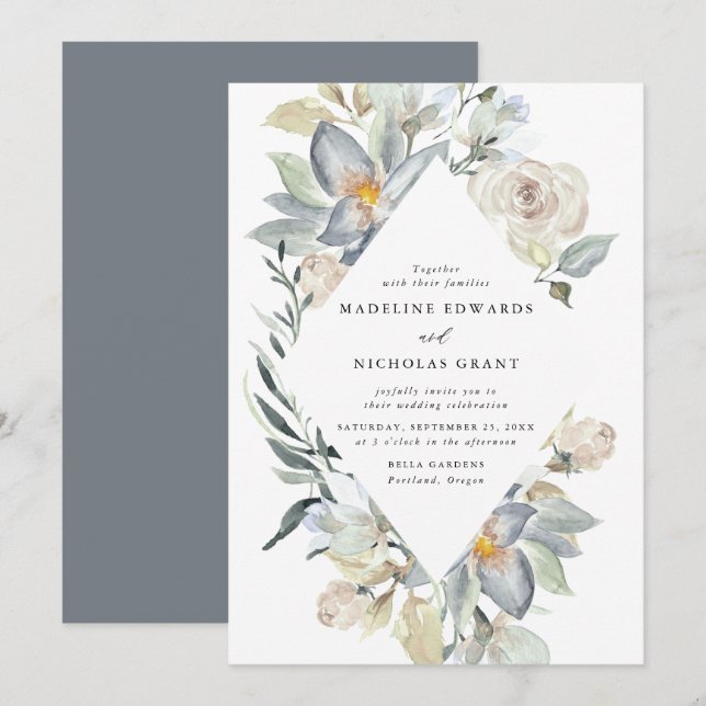 Convites Casamento Floral Azul e Branco em Aquarela Românti (Frente/Verso)