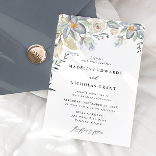 Convites Casamento Floral Azul e Branco em Aquarela Românti