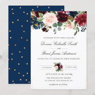 Convites Casamento floral azul e burgundy do marinho elegan
