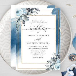 Convites Casamento Floral Azul e Cor Azul Moderna
