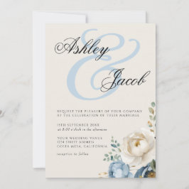 Convites Casamento Floral Azul e Creme Elegante