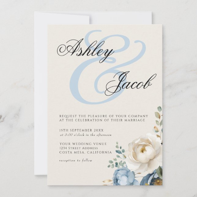 Convites Casamento Floral Azul e Creme Elegante (Frente)