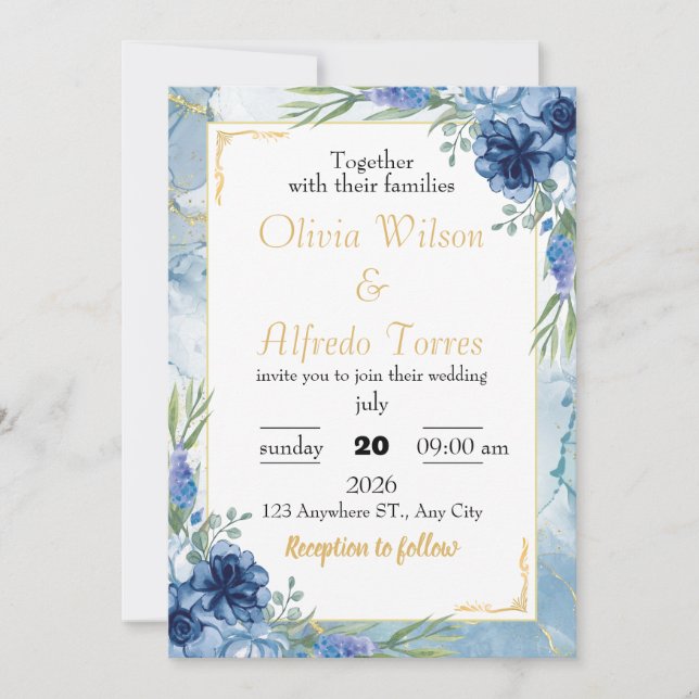 Convites Casamento Floral Azul e Dourado (Frente)