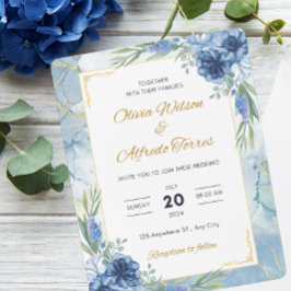 Convites Casamento Floral Azul e Dourado