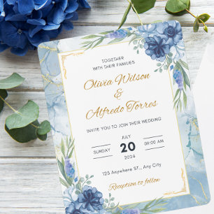 Convites Casamento Floral Azul e Dourado