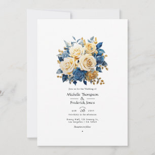 Convites Casamento Floral Azul e Dourado