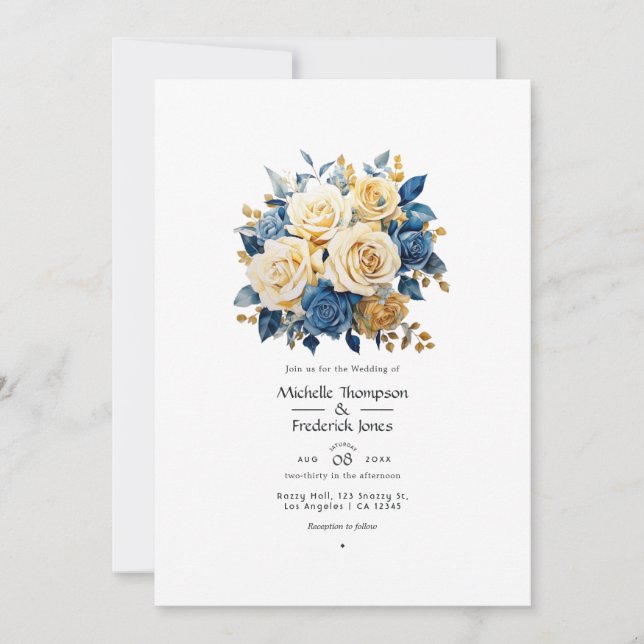 Convites Casamento Floral Azul e Dourado (Frente)
