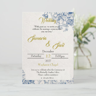 Convites Casamento Floral Azul e Dourado Elegante