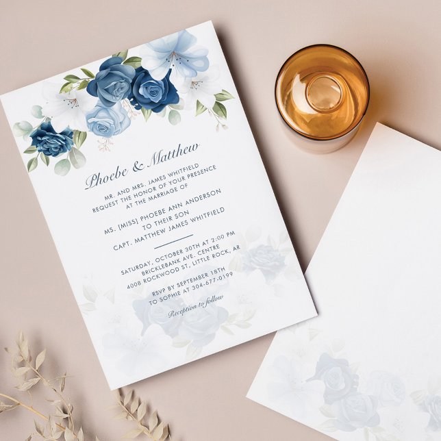 Convites Casamento Floral Azul e Elegante Moderno (Criador carregado)