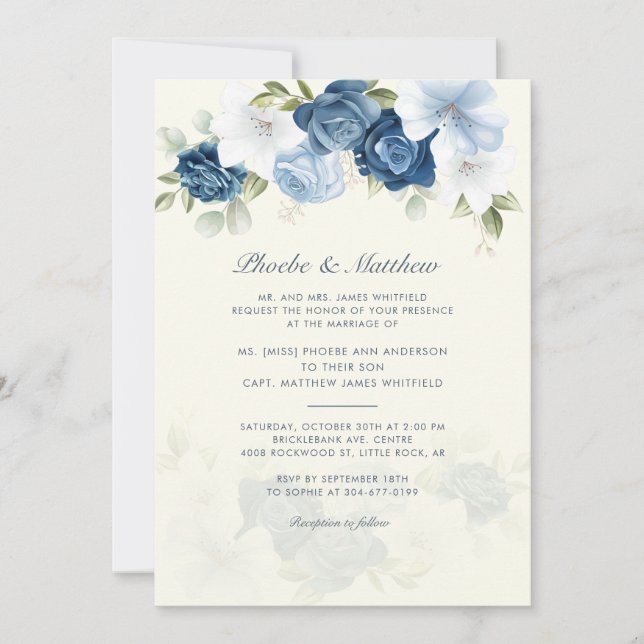 Convites Casamento Floral Azul e Elegante Moderno (Frente)