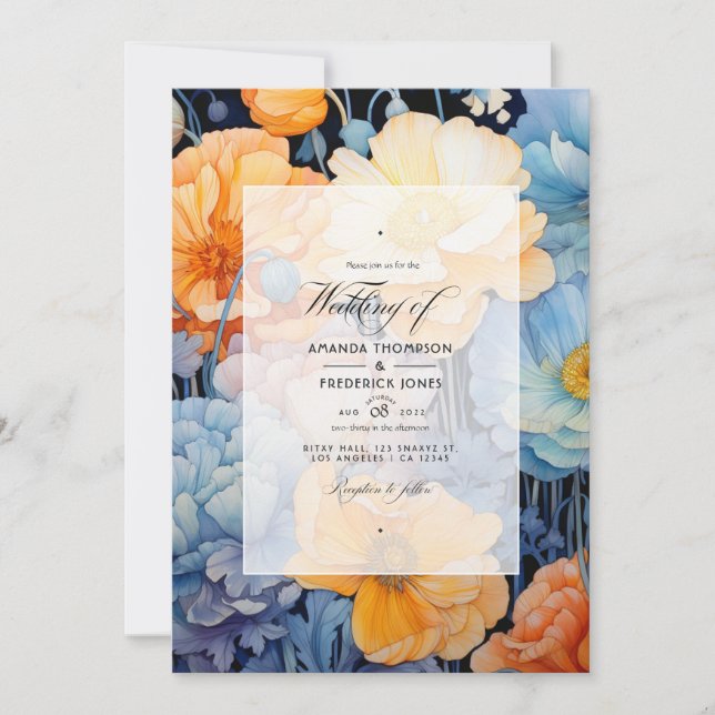 Convites Casamento Floral Azul e Laranja Claro na Primavera (Frente)