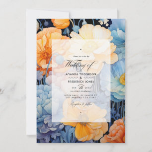 Convites Casamento Floral Azul e Laranja Claro na Primavera