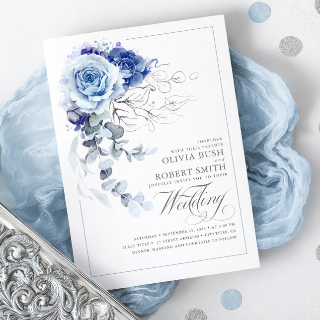 Convites Casamento Floral Azul e Marinho Azul Boho Prateado (Dusty Blue and Silver Botanical Floral Chic Wedding Invitation)
