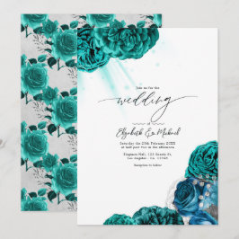 Convites Casamento Floral Azul e Prata Elegante
