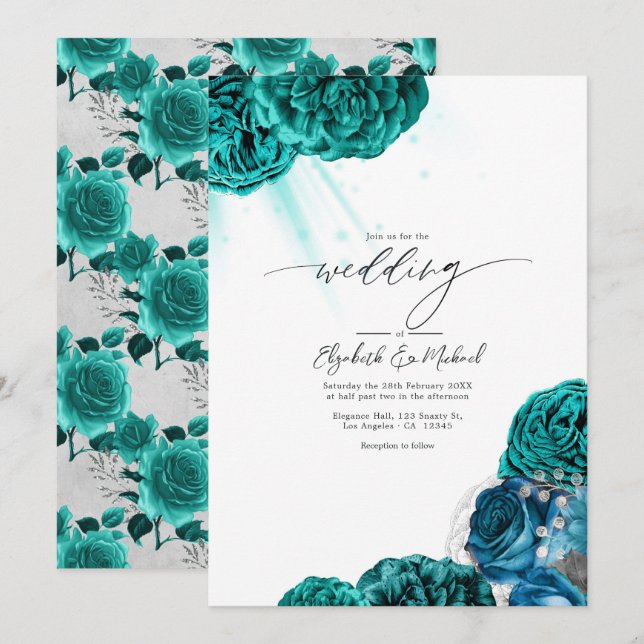 Convites Casamento Floral Azul e Prata Elegante (Frente/Verso)