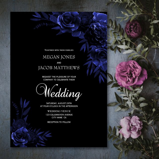 Convites Casamento Floral Azul e Preto Elegante (Criador carregado)